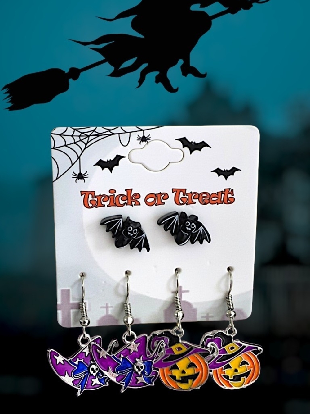 Halloween 3-piece Earring Set - Bat studs, Witch's Hat & Jack-O'-Lantern